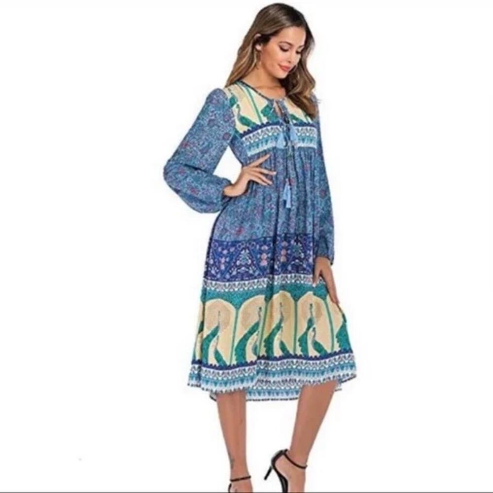 R. YJ Posha Floral Boho Tassel Tie Dress XS